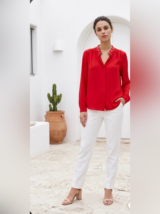 Tops - MICHAEL Michael Kors Red Blouse Women’s Size Medium Gold Grommet Neck LongSleeve